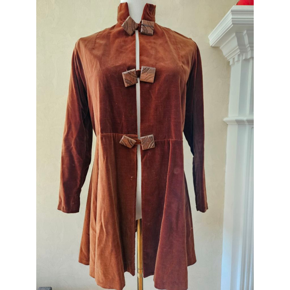Vintage Japanese Brown Velvet Wood Buttons Tunic Jacket-Size XS/S